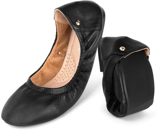 OFFCUP Roll up Shoes, Black Leather Ballet Flats, Portable Round Toe Slip On Dolly Shoes, Ballet Pumps for Women Ladies for Weddings and Parties Work Office Formal (UK 5)