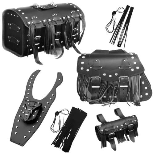 LeonLeder Komplett – Motorradkoffer, Satteltaschen, Werkzeugrolle, Tankgurt und Lederfransen für Lenker und Hebel – Robustes Design - Schwarz 1C