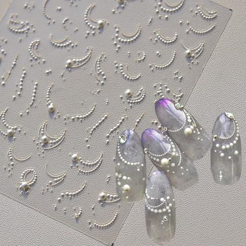 Yeomju 24 PCS Weiße Französische Spitzen Perlen Kunst Aufkleber, Selbstklebende 5D Nagel Aufkleber Spitzen Linie Abzieher für Kunst Design Zubehör