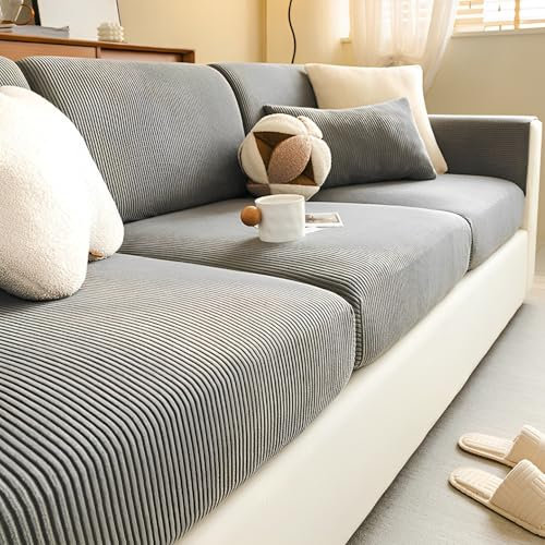 ENGFGH Rutschfester Sofa-Sitzkissenbezug – hochelastischer Sitzbezug, weicher Sofabezug, Cord-Sitzkissen, Rückenlehnen-Schutzbezug, Reine Farbe(Gray,65-85cm x 165-200cm)