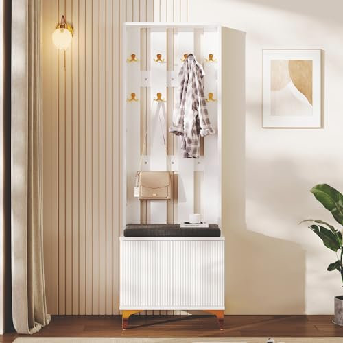 Merax Garderoben, Modern Flurgarderobe mit Sitzbank und Kissen, Garderoben mit Schuhregal für Flur, 60,5 L x 180,5 H x 35,2 B cm, Weiß