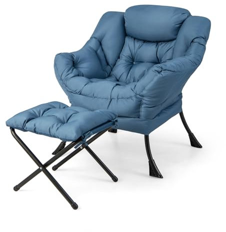 HOMASIS Relaxsessel gepolstert mit Hocker, Ohrensessel mit Armlehnen & Kopfkissen, Lesesessel mit Seitentasche, belastbar bis 150 kg, Fernsehsessel für Wohnzimmer Schlafzimmer Büro (Blau)