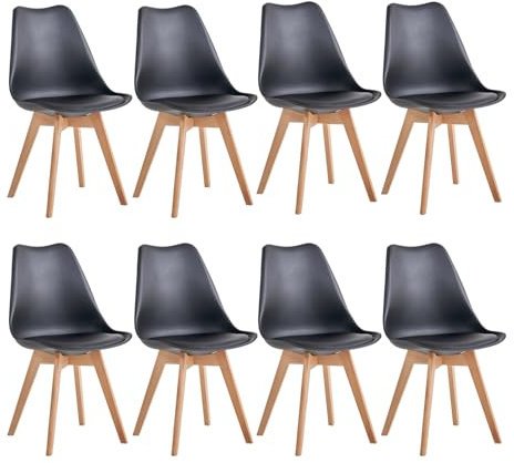 JZGORC Juego de 8 Sillas de Comedor, Sillas de Cocina Nórdicas, Sillas de Oficina con Patas de Haya Maciza para Dormitorio, Sala de Estar, Cocina - Negro
