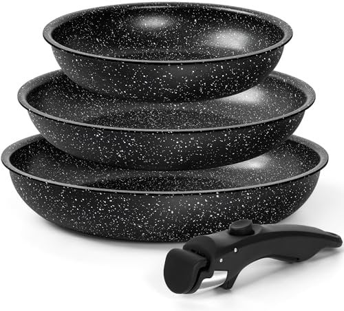 MICHELANGELO Non Stick Frying Pan Set with Removable Handle, 20cm,24cm and 28cm Frying Pans, Fry Pans with Detachable Handle, Granite Skillet, PFOA Free, Oven Safe, White