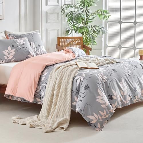 Tokokimo Housse de Couette 220x240 avec 2 Taies d'oreiller 65x65 cm - Couleur Dégradée Motif de Feuilles - Parure de lit 220x240 Adulte - 100% Microfibre Parure Couette avec Fermetures éclair, Gris