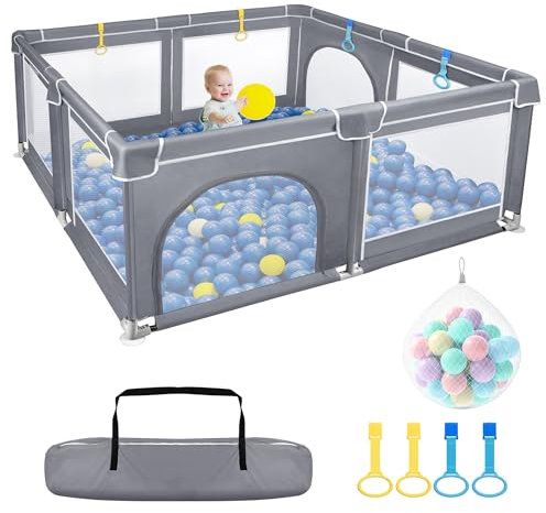 Froadp Baby Laufstall, Faltbare Kinder Laufgitter & -ställe, Babyzaun Absperrgitter mit Atmungsaktivem Netz und 50 Kugeln, Mobile Krabbeln Playpens,Bällebad für Kinder Baby,Dunkelgrau,180x150x68cm