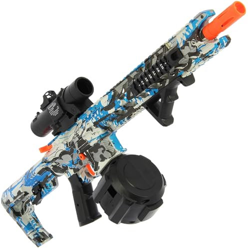 GelSoft Gel Blaster Toy Rifle – Blue Graffiti Design | Semi & Fully Automatic Modes, USB Rechargeable 7.4V Battery, Drum Magazine, Scope, Safety Glasses & 10,000 Rounds | Fun Outdoor Toy Gun