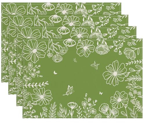 Grüne Blume Platzsets 4er Set Grüne Tischsets abwaschbar Platzsets 30x45cm, Frühling Sommer saisonale Dekoration für Küche, Drinnen, Restaurant, Urlaub, Party