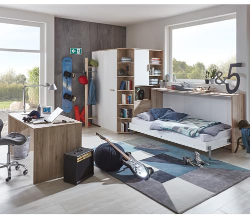 Lomadox KinderzimmerJugendzimmer Set 4-teilig in Eiche mit weiß, Ink. Eckkleiderschrank, Garderobenstange, Schreibtisch, Schrankbett