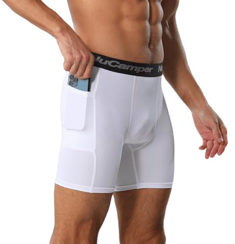 NuCamper Men's Compression Shorts with Phone Pocket, Sports Undershorts Base Layer Quick Dry Tight Running Short for Cycling,Training (DE/NL/SE/PL, Alphanumerisch, L, Regular, Regular, Weiß)