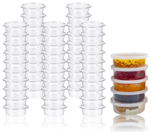 50 Packs Round Container, Sauces Cups Stackable Food Small Containers with Lids, Clear Round Leakproof Plastic Takeaway Sauce Pots for Small Dips Chutney Ketchup Salads (2oz-50 ml)