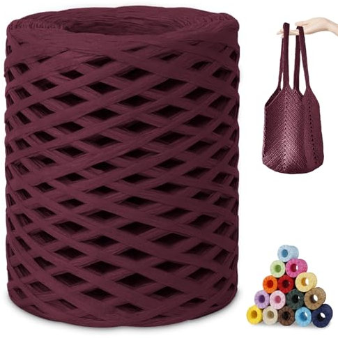 CAMAL Raffia Filato per Uncinetto di Borse, 3mm x 200m Filo di Carta, Morbido Rafia Colorata Paglia Fettuccia per Uncinetto Borsa da Spiaggia, Fai Da Te (Rosso vino)