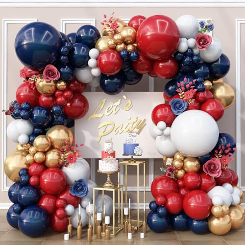 Arco de globos rojos, blancos y azules, doble relleno, azul marino, rojo rubí oscuro, kit de guirnalda de globos de látex dorado metálico blanco mate para graduación, cumpleaños, 4 de julio