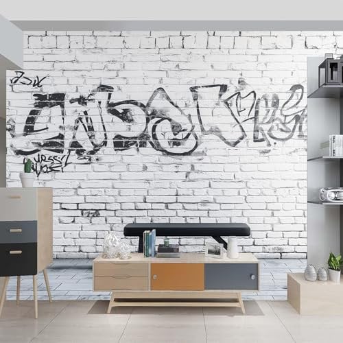 Fototapete 250 x 175 cm Vlies Tapeten Wandtapete Wanddeko Wandbild Design Wand Dekoration Wohnzimmer Schlafzimmer Büro Flur, Einfache Graffiti Ziegelmauer Muster, Weiß