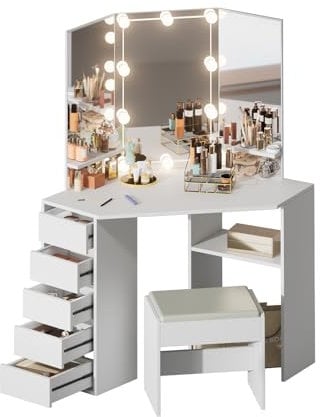 Joiemebi Toeletta da Trucco Angolare, Tavolino da Toilette Illuminato con 3 Specchi, 5 Cassetti, 2 Ripiani e 1 Sgabello per la Camera da Letto, 110,5 x 55 x 141 cm (Bianco)