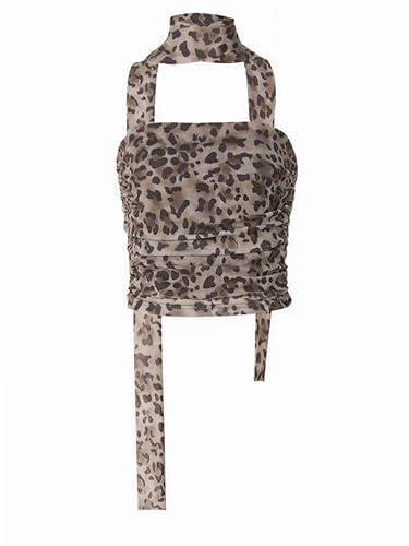 Sukiglam Top a Tubo da Donna Sexy Leopardata Rete Crop Tops a Fascia Senza Spalline Estivo Senza Maniche Canotta con Sciarpa Y2k Top Aderente Elegante Increspata Corto Maglietta per Discoteca
