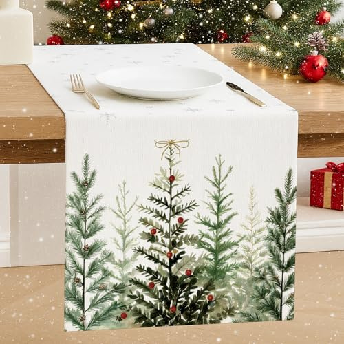 Luzzxfa Schneeflocke Kiefern Weihnachten Tischläufer Modern Saisonnal Weihnachtsbaum Winter Weihnachtstischläufer Küche Tisch Dekoration Drinnen Outdoor Urlaub Party Dekor Hell 40x140 cm