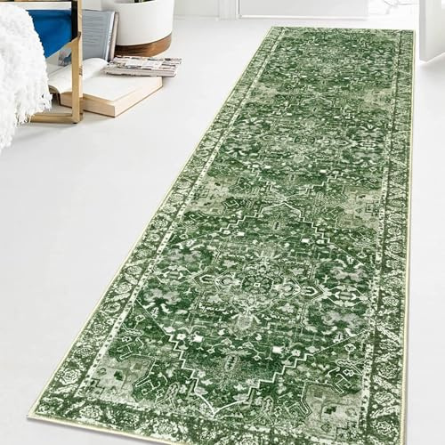 Famibay Flurläufer, 50 x 150 cm, Küchenteppich, rutschfest, waschbar, Läufer, Teppiche für Flur, Boho, Vintage, Grün, Flurläufer für Küche, Boden, Eingang, Korridor, Schlafzimmer