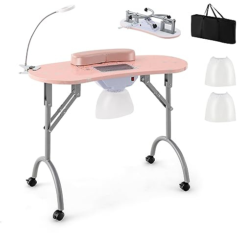 COSTWAY Mesa de Manicura Plegable con Colector de Polvo Eléctrico, Mesa Portátil para Uñas con Lámpara LED Ajustable, 3 Bolsas de Polvo, Bolsa de Transporte y 4 Ruedas Bloqueables para Spa (Rosa)