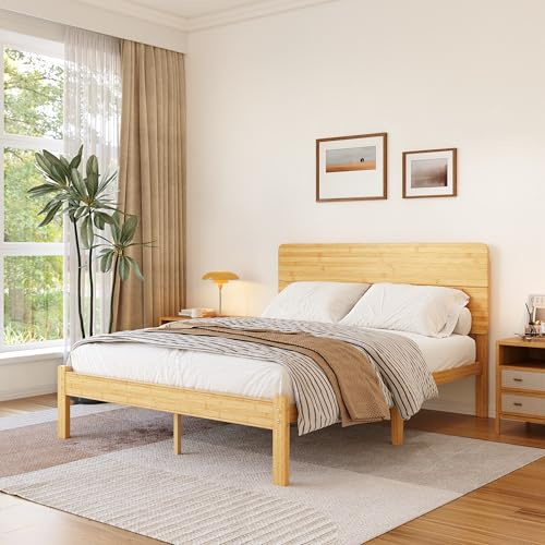Hunlostten Wooden Double Bed Frame with Headboard - Bamboo Wood Platform Bed Frame with Metal Slats Support and Underbed Storage Bedroom Furniture, Easy Assembly, Noise Free, Sturdy, 35.5 cm High