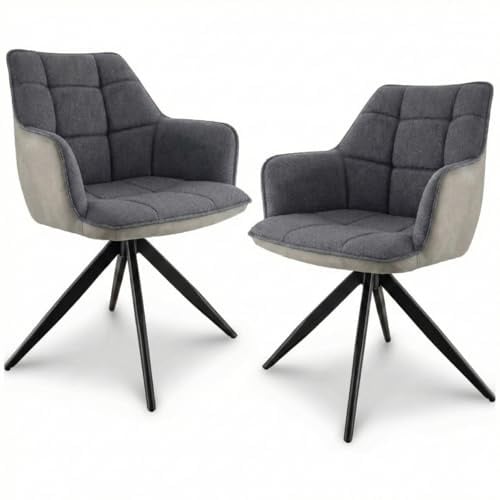 Liadomo Esszimmerstuhl London 2er Set, Textilbezug grau | Armlehnstuhl, Polsterstuhl, 360° drehbar, Metallbeine schwarz, Kassettensteppung, ergonomisch, bequem gepolstert