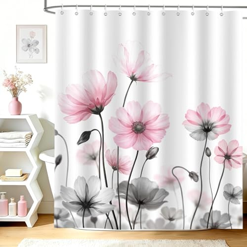 hometrixx Frühling Duschvorhang Gänseblümchen Wildblume 180x200cm Rosa Grau | Wasserdicht Polyester, Maschinenwaschbar, Badevorhänge mit 12 Ringe, Schimmelresistent Badezimmervorhang für Dusche Bad