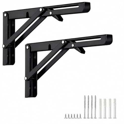 25cm Équerre Pliante Étagère en Acier Inoxydable Noir, 2 Pièces Support Tablette Rabattable Charge Lourde Max 50kg, Console Pliable pour Table Murale, Établi, Gain de Place