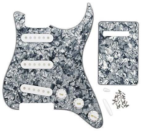 FLEOR Lot complet de pickguard SSS pour guitare ST avec 3 caches de micro de 52 mm 2T1 V et boutons de commande Gris perle