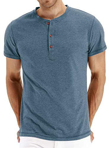 Cabeen Homme T-Shirts à Manches Courtes Henley Col Rond Boutons Slim Fit Couleur Unie Coton