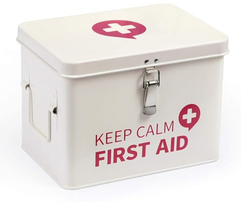 SoldSimple Keep Calm First Aid Medicine Organizer Storage Metal Box with Lid, Latch Closure, Removable Tray and Side Handles, Vintage Empty Box for Home, 9 x 6.3 x 6.5, Milky White