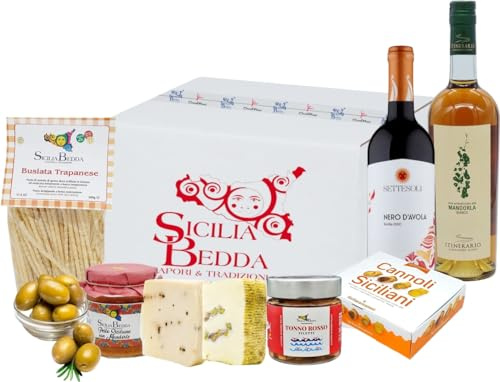 Sicilia Bedda - LA MANGIATA SICILIANA - Box Prodotti Tipici Siciliani con 9 Prelibatezze dell'Isola - Dall'Antipasto al Dolce - Portata per 4 Persone