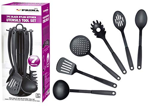 7 x Black Nylon Kitchen Cooking Tool Set Non-Stick Kitchenware Cookware Prima Utensils Cutlery Heat Resistant Home Chef, Soup Ladle, Spoon, Strainer, Pasta, Slotted Turner, Holder UK Free P&P