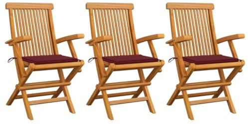 vidaXL 3X Teak Massiv Gartenstuhl mit Weinroten Kissen Armlehnen Gartenstühle Klappstuhl Klappstühle Holzstuhl Gartenmöbel Stuhl Stühle