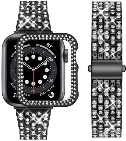 wutwuk Joyería Correa Compatible Apple Watch series 9/8/7/SE/SE2/6/5/4/3/2/1 con Funda Brillante, Pulsera Mujer iWatch 45mm 41mm 44m 41mm 40mm 38mm (Negro de 40mm)