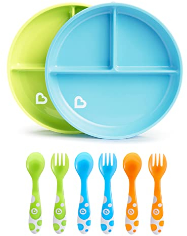Munchkin - Platos de ventosa divididos Stay Put, azul/verde, 2 Unidad (Paquete de 1) & Set de 3 tenedores y 3 cucharas, surtido de colores