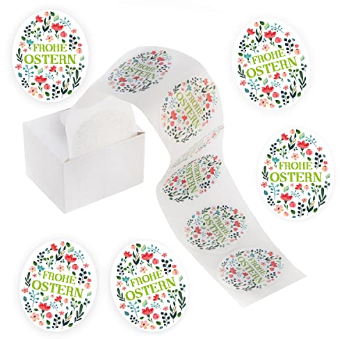Logbuch-Verlag 200 bunte Osteretiketten auf Rolle FROHE OSTERN Aufkleber oval Ostereier Sticker frühlingshaft mit Blumen - Osteraufkleber 6 x 4,5 cm