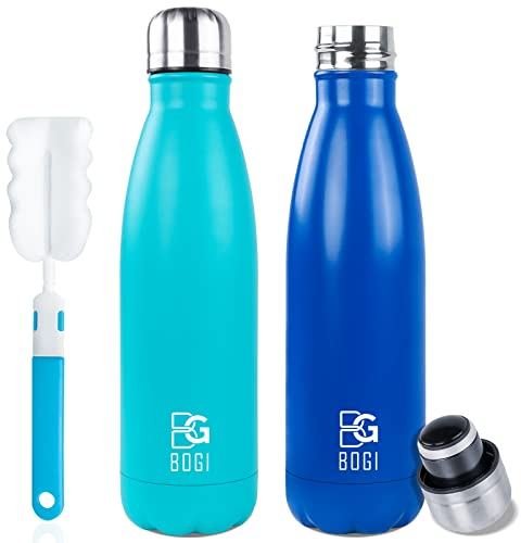 BOGI 2 Pack Insulated Water Bottle,500ml Stainless Steel Water Bottle-Leakproof Metal Water Bottle Keep Drink Hot & Cold Water Bottle Sports Water Bottle for Girls Kids with Cleaning Brush(Mint+Dblue)