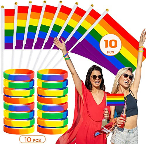 HusDow Accessoires Pride avec 10 drapeaux arc-en-ciel et 10 bracelets Gay Pride LGBT lesbiennes arc-en-ciel pour Gay Pride