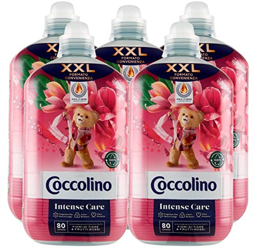 5x Coccolino Intense Care Ammorbidente Concentrato Profumo Fiori di Tiaré e Frutti Rossi - 5 Flaconi da 2 Litri Ognuno