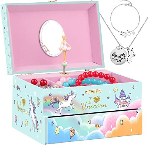 efubaby Schmuckschatulle für Mädchen, Spieluhr, Ballerina, Schmuck-Organizer für kleines Mädchen mit Einhorn, Halskette und Armband, Mädchen, Geburtstagsgeschenke für Kinder, Schmuckkästchen,