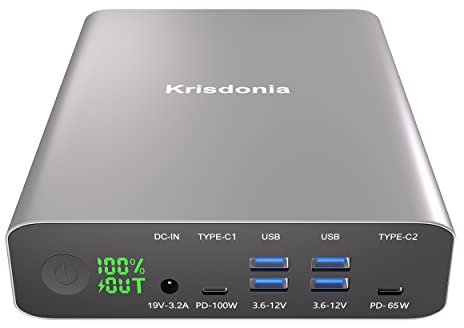 Krisdonia Power Bank USB C, 100W PD 64000mAh Powerbank, Caricatore Portatile con 2 USB-C (PD3.0 100W e 65W) e 4 USB-A (QC3.0 18W), Compatible con PC, Macbook, iPad, iPhone, AirPods Pro, Samsung
