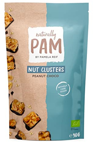 Naturally Pam Nut Clusters, Peanut Choco, 1 x 90 g, Bio Nuss-Snack vegan | Knusper Snack, Nüsse Snacks in kleinen Tüten, glutenfrei, ohne Rohrzucker, ballaststoffreich, von Pamela Reif