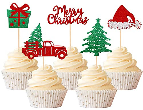 Xsstarmi 30 Pack Christmas Cupcake Toppers Glitter Truck Tree Hat Cupcake Picks Gift Box Cake Decorations for Christmas Theme Baby Shower Birthday Party Supplies