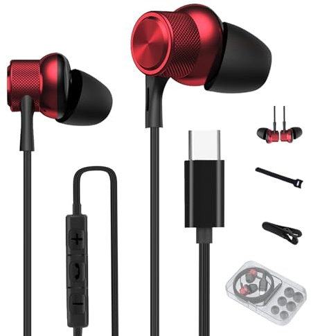 USB C Kopfhörer mit Kabel,In-Ear Kopfhörer USB C,Typ C Kopfhörer mit Mikrofon für Samsung Galaxy A53 A54 S23 S22 Ultra S21 iPhone 15 iPad Pro Air Huawei Mate 60 pro P40 Google Pixel OnePlus(Rot)