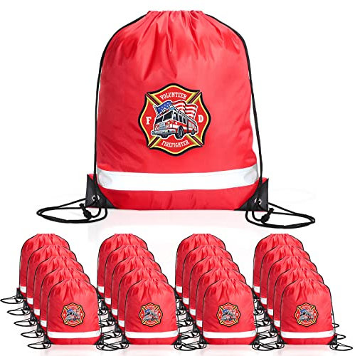 Xinnun 20 Pcs Drawstring Backpack, 13.39 x 16.54 Inch Bag Party Favors Birthday Supplies, Red, M, Firefighter