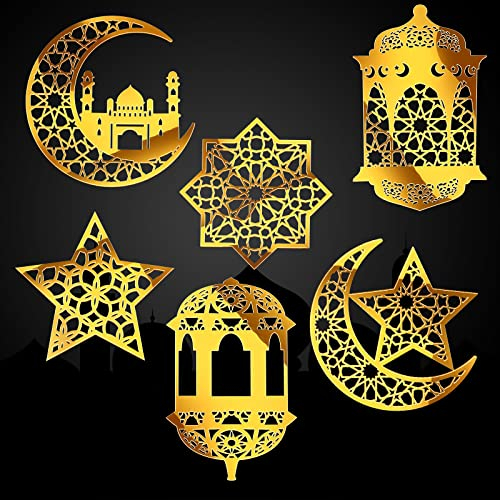 6 Stück Eid Mubarak Aufkleber Wanddeko Acryl Eid Mubarak Sticker Ramadan Kareem Deko Gold Spiegel Fensteraufkleber Mond Stern Laterne Islamisch Abziehbilder Spiegel für Eid Party