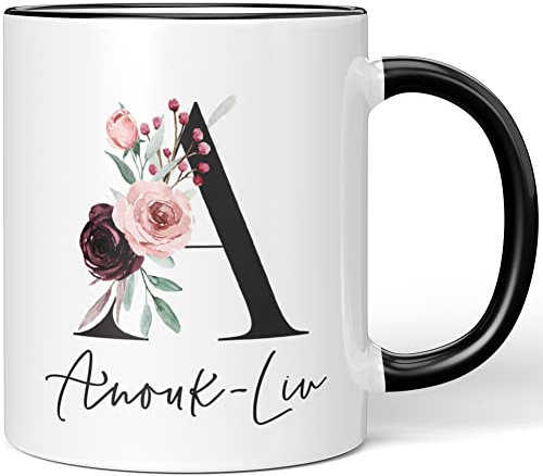 JUNIWORDS Tasse, Anouk-Liv, Name Anfangsbuchstabe Initial Alphabet Floral Buchstabe A Monogramm Motiv, Schwarz (5556558)