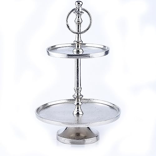 Marrakesch Deko Aesthetic Etagere 2 Etagen Obstschale rund Silber 34 cm hoch | Sevierplatte 2 Tabletts als Candybar Küche oder Wohnzimmer Deko modern | Cupcake Ständer Tortenständer aus Aluminium