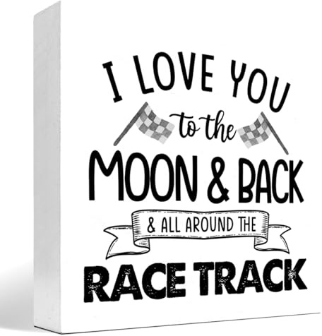 z-crange Holzkistenschild mit Aufschrift I Love You To The Moon And Back And All Around The Race Track, Schreibtischdekoration, Bauernhaus-Rennen, karierte Flaggen, Box Block Schild für Zuhause,