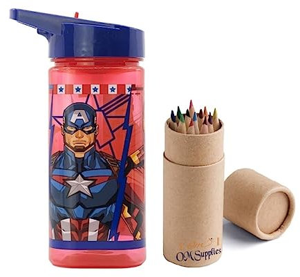 Marvel Avengers Reusable Square Water Bottle Drink Bottle with built-in handle for Easy Carry School Lunch Kids Childrens 510ml BPA free Plastic (Avengers)